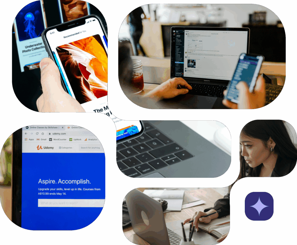Composition de 4 images, un site internet, un ordinateur sur un LMS, un ordinateur avec un logiciel de prototypage et une femme qui travail