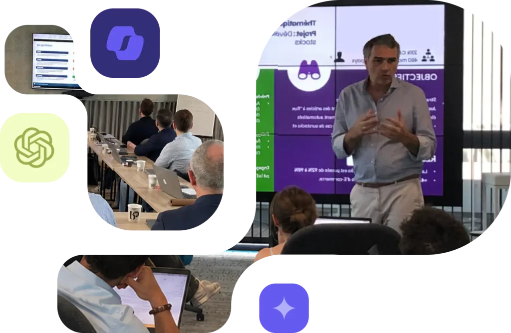 Formation IA pour dirigeants : session en présentiel avec présentation sur écran collaboratif, participants sur ordinateurs portables et logos des outils IA utilisés (ChatGPT, Claude)