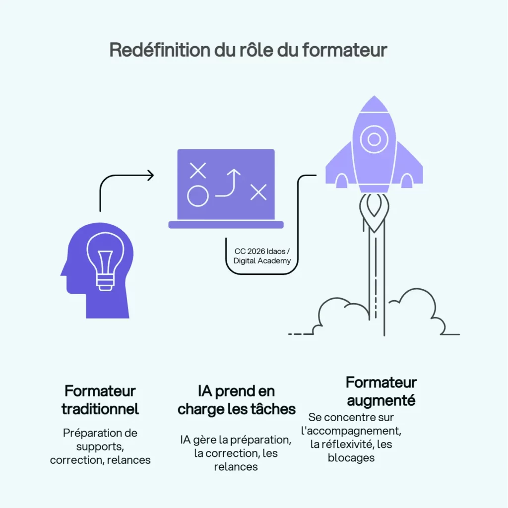 Infographie en 3 étapes montrant l'évolution du formateur traditionnel vers le formateur augmenté grâce à l'IA